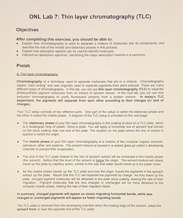 Solved ONL Lab 7: Thin layer chromatography (TLC) Objectives | Chegg.com