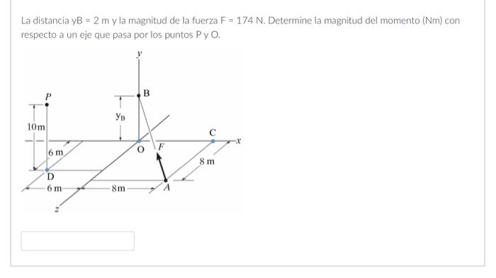 La distancia yB \( =2 \mathrm{~m} \) y la magnitud de la fuerza \( \mathrm{F}=174 \mathrm{~N} \). Determine la magnitud del m