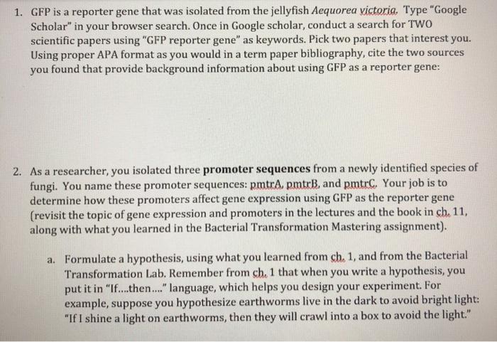 1 Gfp Is A Reporter Gene That Was Isolated From The Chegg Com