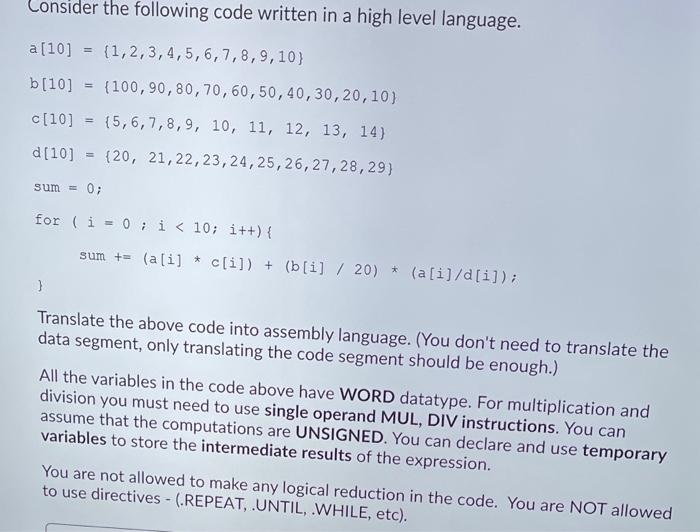 Solved Consider the following code written in a high level | Chegg.com