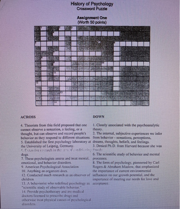 History of Psychology Crossword Puzzle Assignment One Chegg com