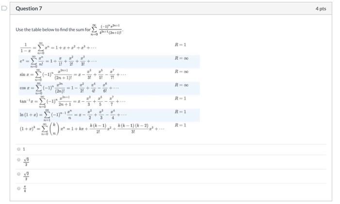 Solved Question 7 4 pts Use the table below to find the sum | Chegg.com