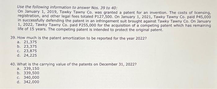 Solved Use the following information to answer Nos. 39 to 40 | Chegg.com