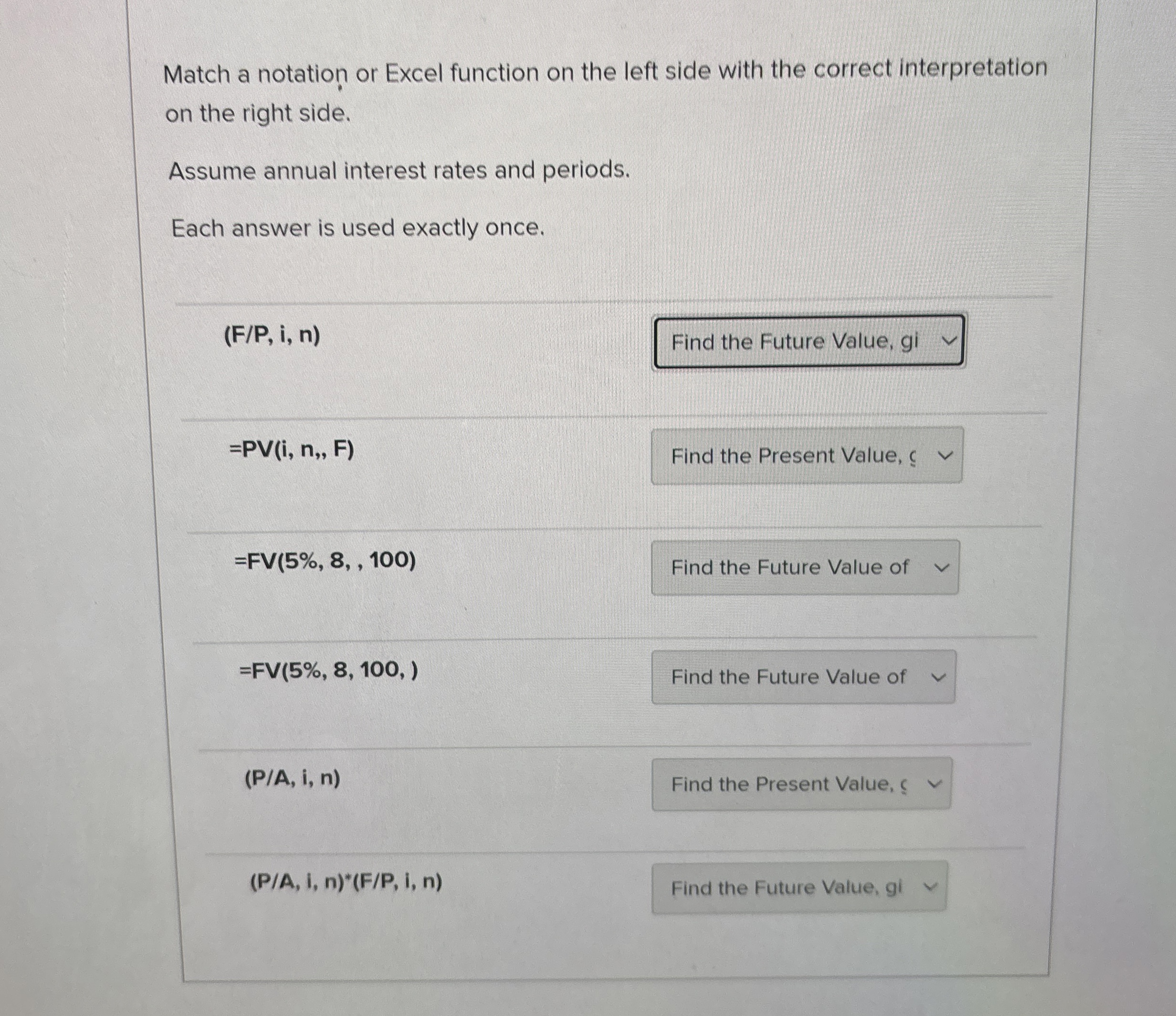 Solved Match a notation or Excel function on the left side | Chegg.com