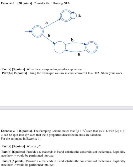 Solved Exercise 1. [20 points]. Consider the following NFA: | Chegg.com