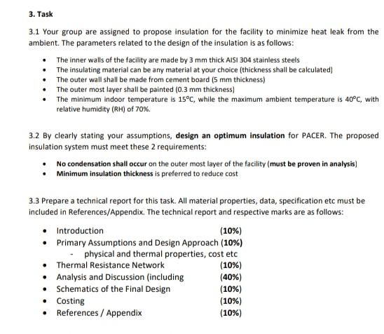 3. Task
3.1 Your group are assigned to propose insulation for the facility to minimize heat leak from the
ambient. The parame