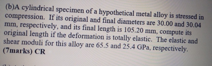 Solved (b)A Cylindrical Specimen Of A Hypothetical Metal | Chegg.com