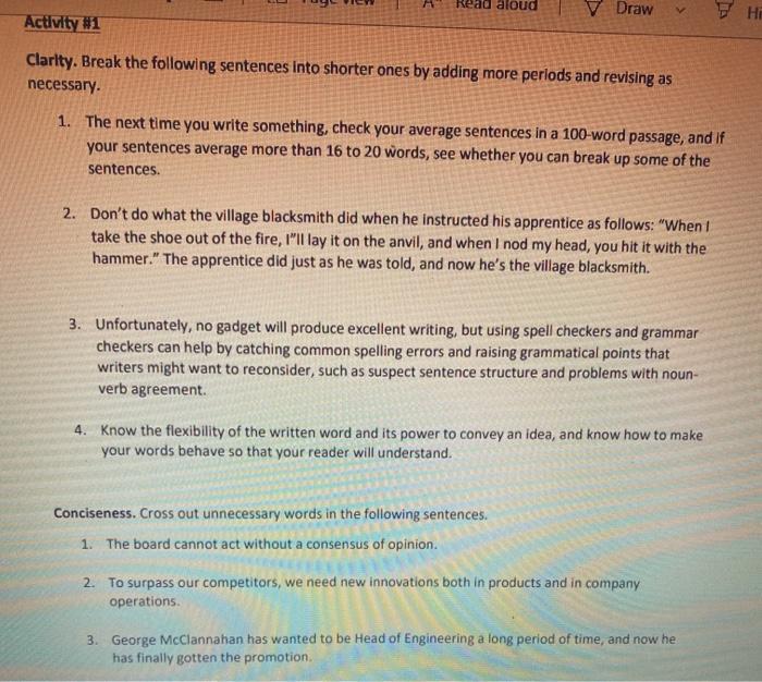 Solved Ead Aloud He V Draw E Activity 1 Clarity Break The Chegg Com