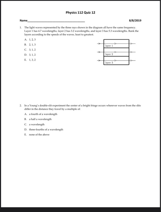 Solved Physics 112 Quiz 12 Name 8/8/2019 1. The light waves | Chegg.com