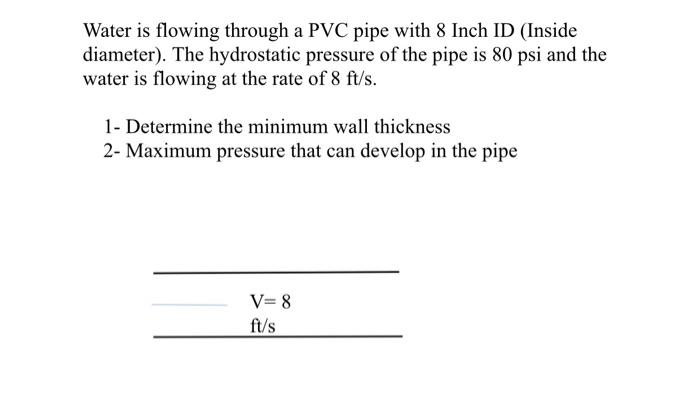 Solved Water is flowing through a PVC pipe with 8 Inch ID | Chegg.com