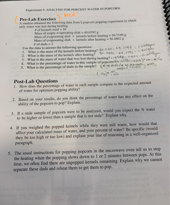 Experiment 5 Analysis For Percent Water In Popcorn Chegg Com