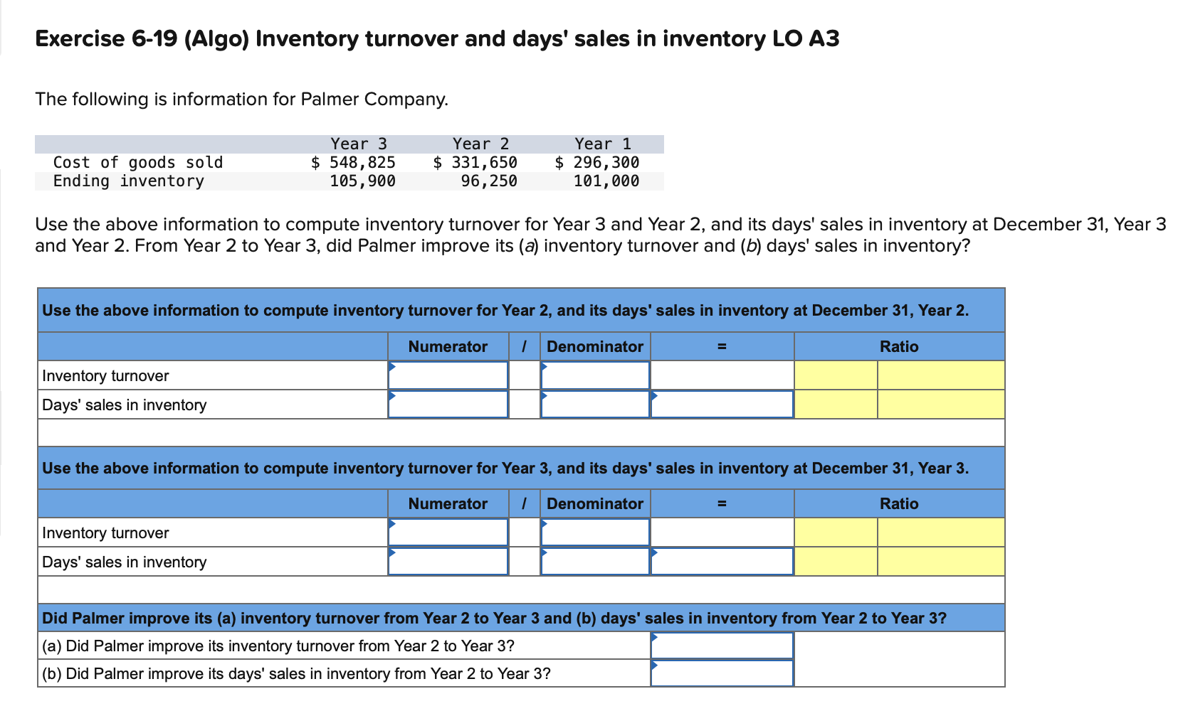 Data Inventory Exercise Exercise 6-19 (Algo) Inventory turnover and days' | Chegg.com