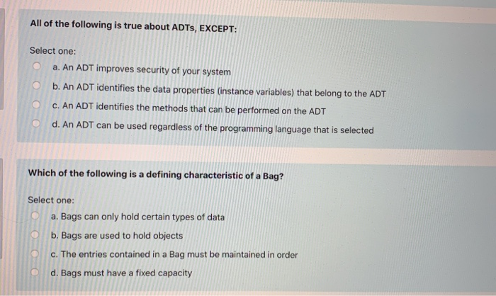 Solved All of the following is true about ADTS, EXCEPT: | Chegg.com