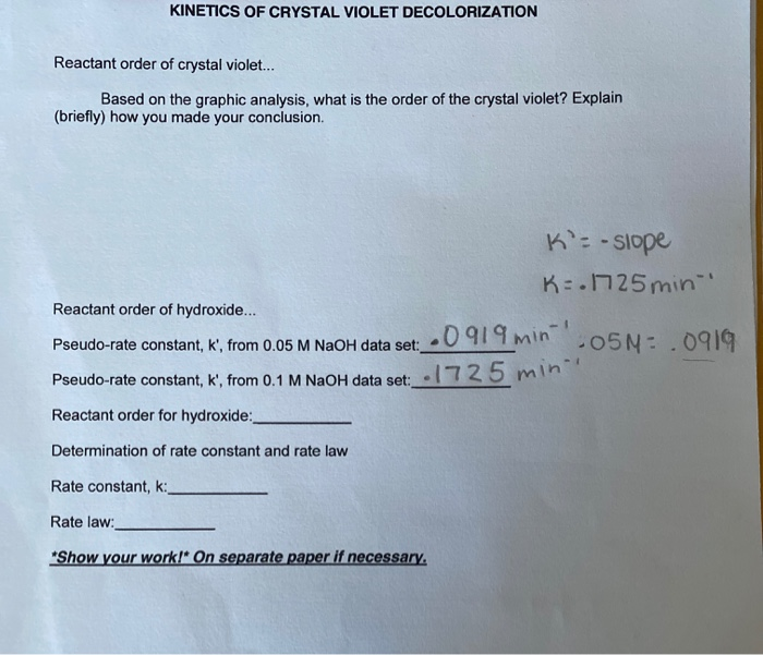 Solved KINETICS OF CRYSTAL VIOLET DECOLORIZATION Reactant | Chegg.com