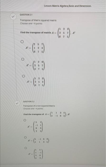 Solved QUESTION 1 Order of a Matrix Choose one 4 points Find | Chegg.com