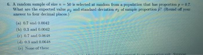 Solved 6. A random sample of size n = 50 is selected at | Chegg.com
