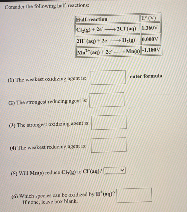 Solved Consider The Following Half-reactions: Half-reaction | Chegg.com