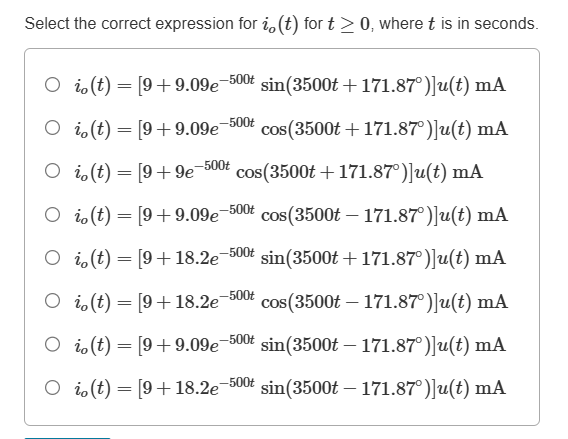 Solved Select the correct expression for io(t) ﻿for t≥0, | Chegg.com
