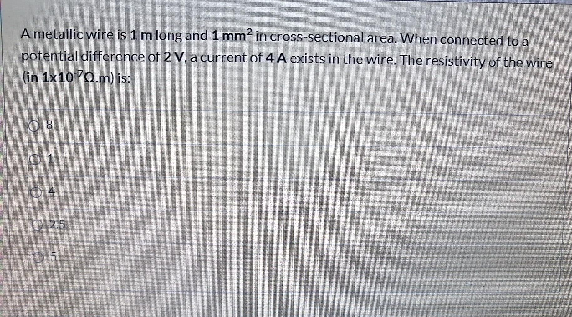 Solved A metallic wire is 1 m long and 1 mm2 in | Chegg.com