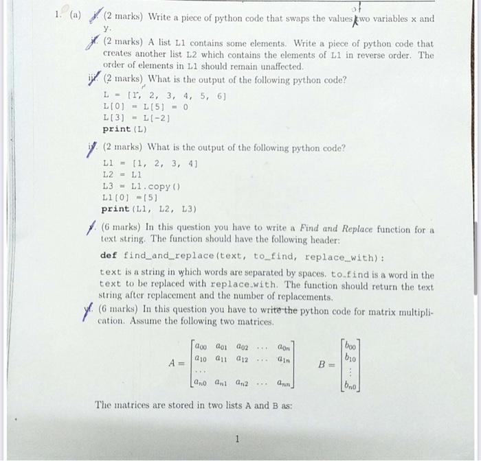 Solved (a) f. ( 2 marks) Write a piece of python code that | Chegg.com