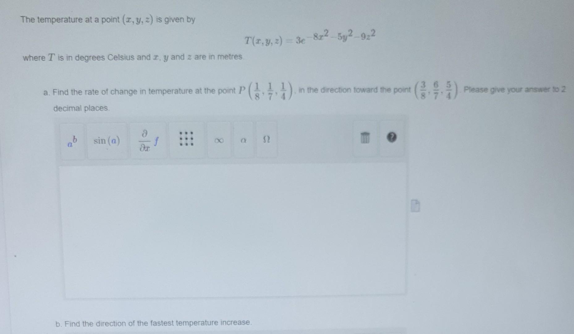 Solved The temperature at a point (x, y, z) is given by | Chegg.com