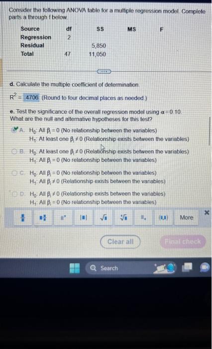 Solved Consider The Following ANOVA Table For A Multiple | Chegg.com