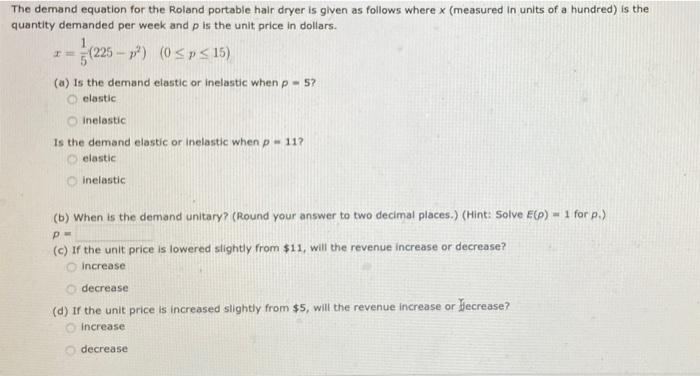 Solved The demand equation for the Roland portable hair | Chegg.com