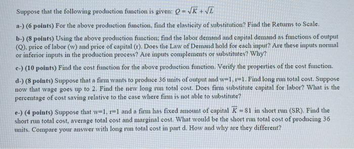 Solved Suppose that the following production function is | Chegg.com