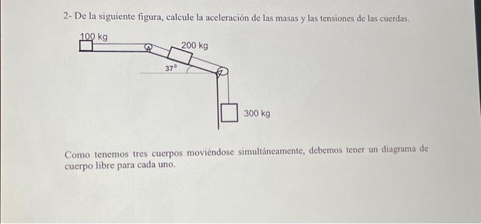 2- De la siguiente figura, calcule la aceleración de las masas y las tensiones de las cuerdas. Como tenemos tres cuerpos movi