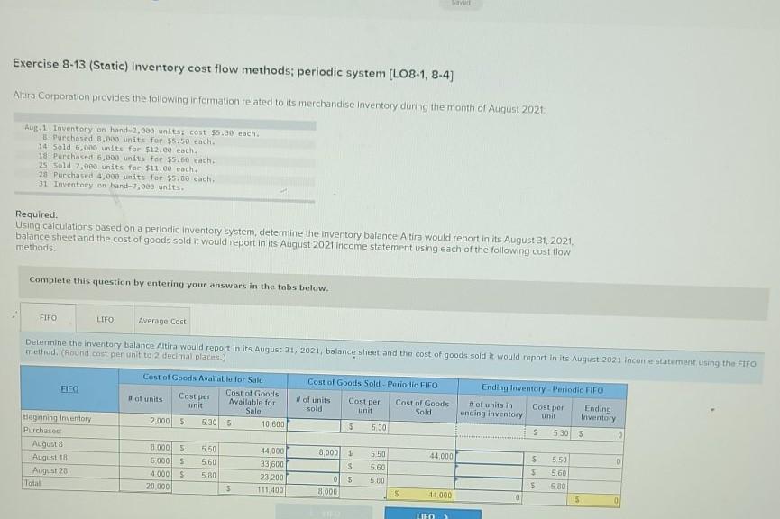 Solved Exercise 8-13 (Static) Inventory cost flow methods; | Chegg.com