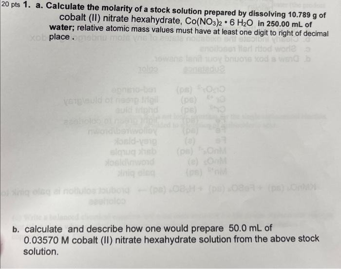 Solved pts 1. a. Calculate the molarity of a stock solution | Chegg.com