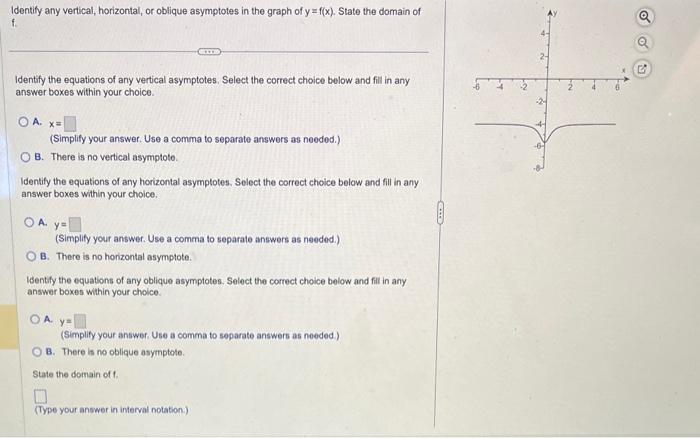 Identify any vertical, horizontal, or oblique asymptotes in the graph of \( y=f(x) \). State the domain of f.
Identify the eq