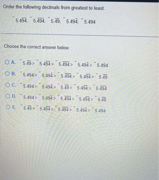Solved Order the following decimals from greatest to least. | Chegg.com