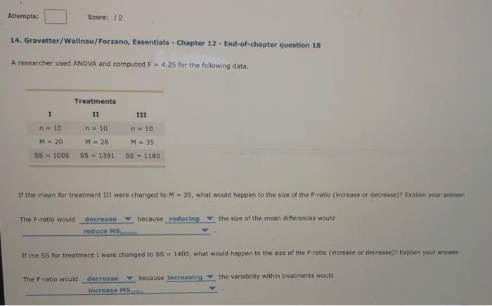 Solved Attempts: Score: /2 20. Gravetter/Wallnau/Forzano