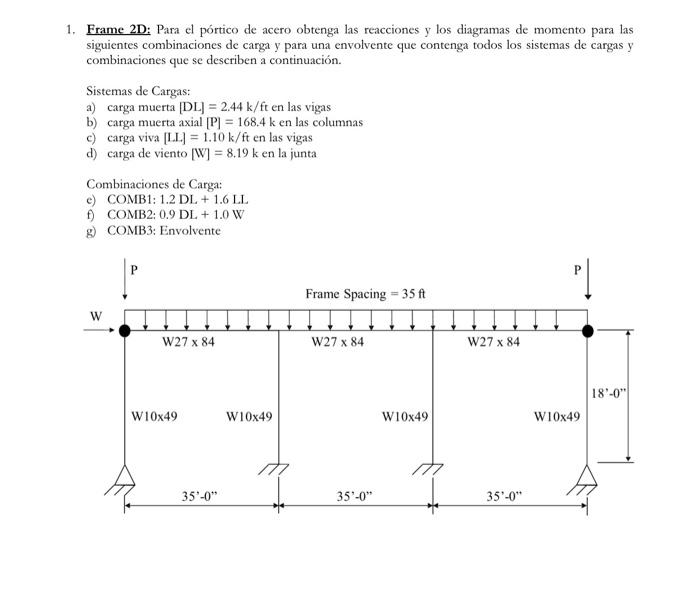 1. Frame 2D: Para el pórtico de acero obtenga las reacciones y los diagramas de momento para las siguientes combinaciones de