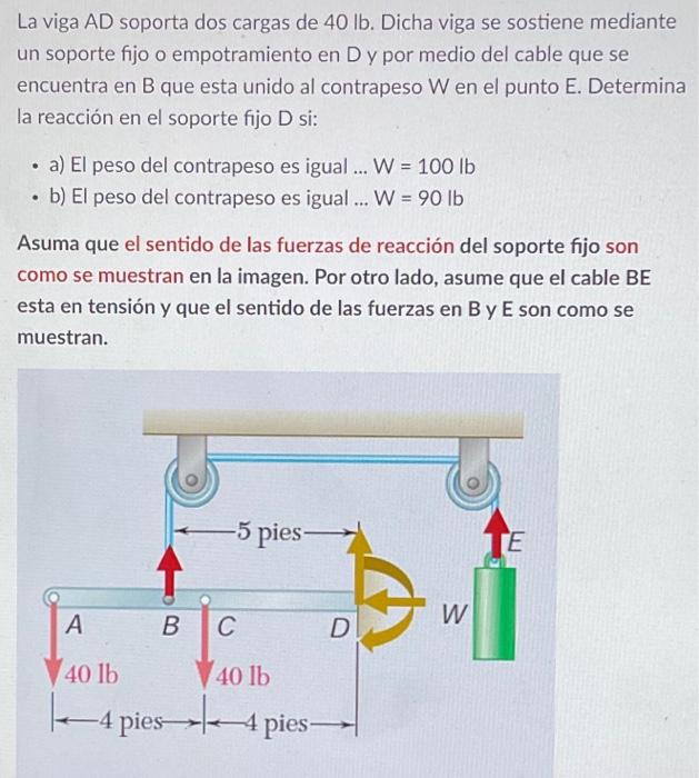 La viga \( \mathrm{AD} \) soporta dos cargas de \( 40 \mathrm{lb} \). Dicha viga se sostiene mediante un soporte fijo o empot