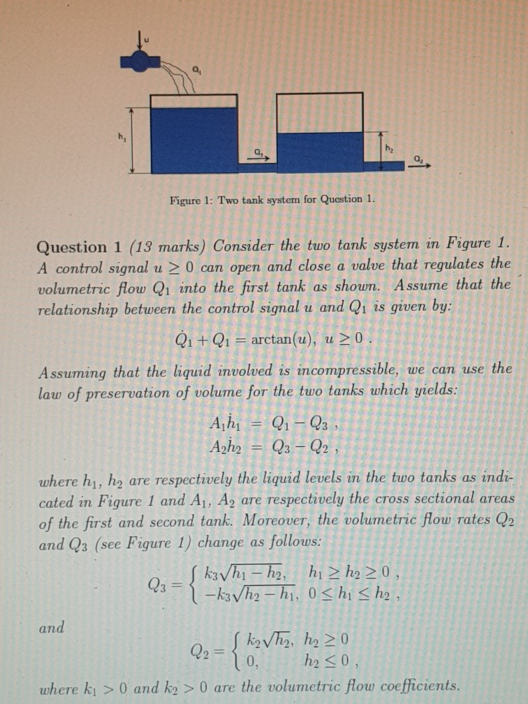 h, h Figure 1: Two tank system for Question 1. | Chegg.com