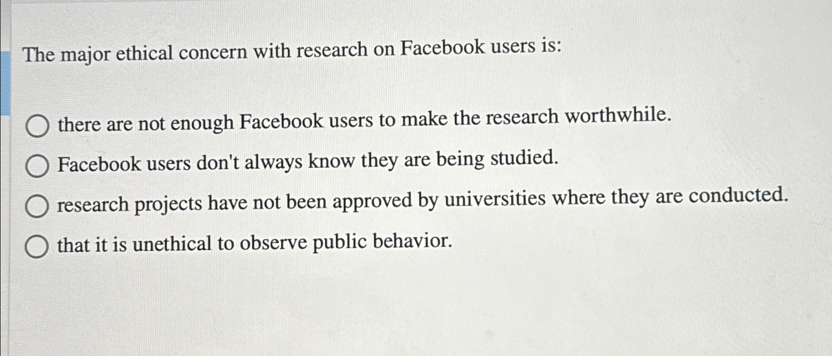 Solved The major ethical concern with research on Facebook | Chegg.com