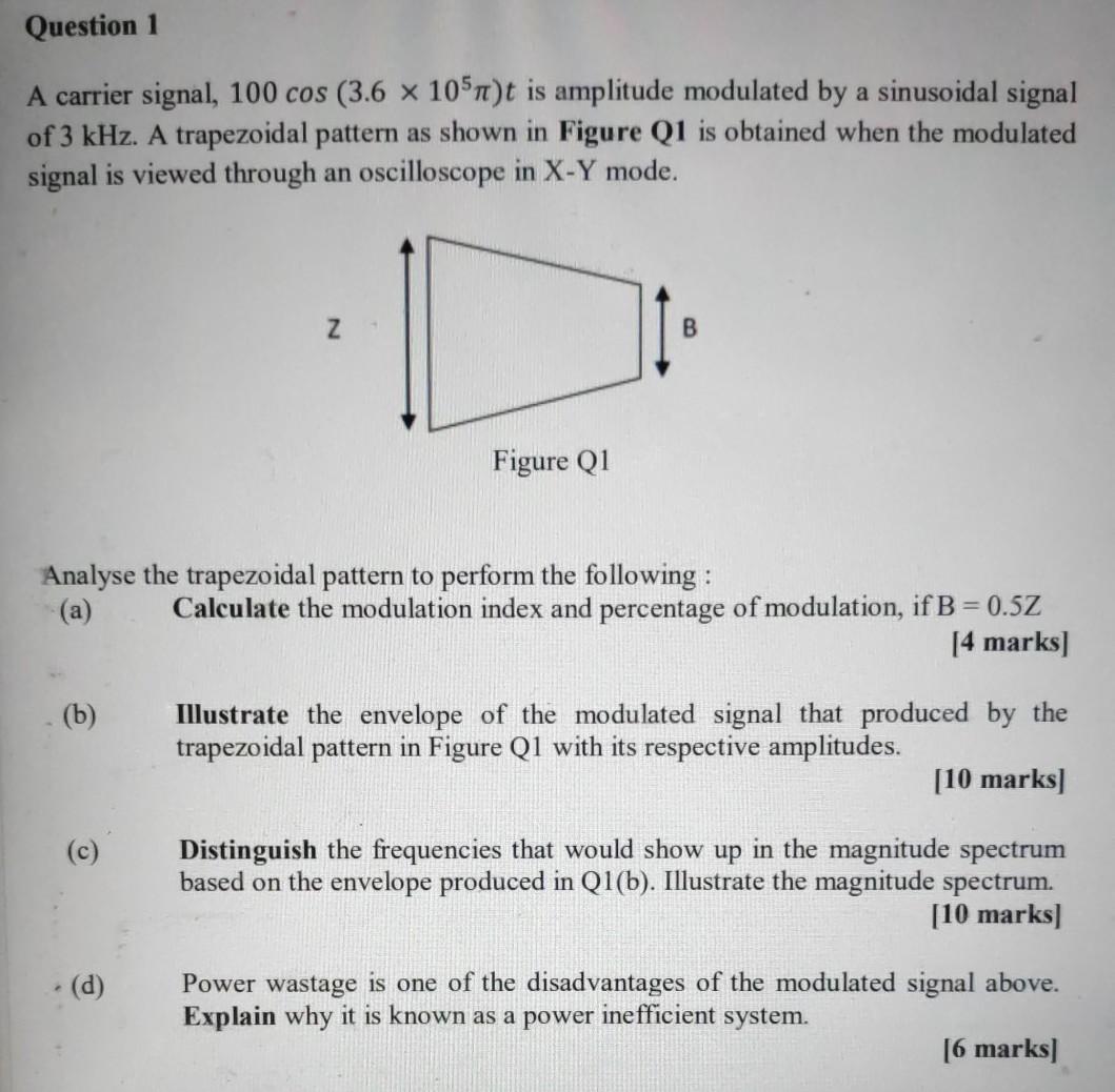 Solved Question 1 A carrier signal, 100 cos (3.6 x 105rt)t | Chegg.com