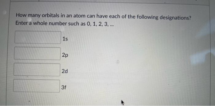 Solved How many orbitals in an atom can have each of the | Chegg.com
