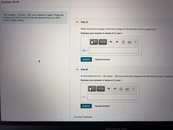 Solved Problem 16.18 Two charges. -Q and -3Q. are a distance | Chegg.com