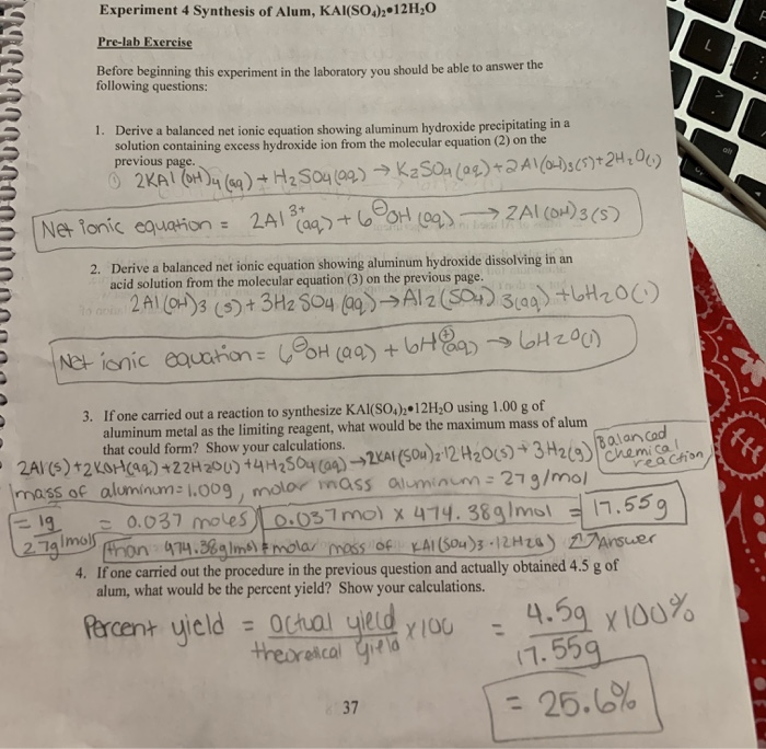Solved Chemical formula of alum 5 KAI(SO4)3 '12 H₂O 4.