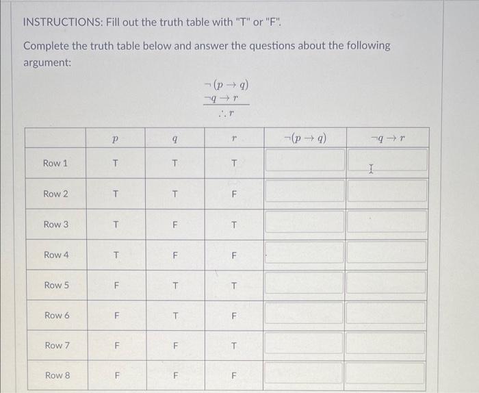 Solved INSTRUCTIONS: Fill out the truth table with " T " or | Chegg.com