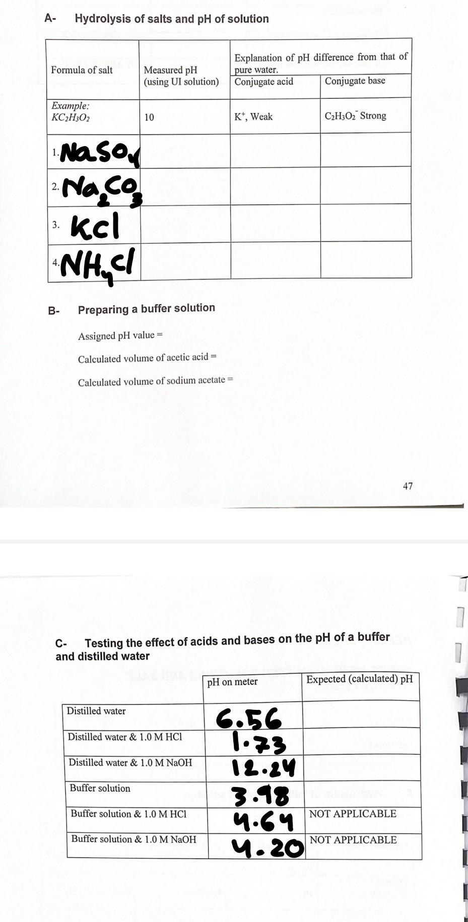Solved 1 EXPERIMENT 5 BUFFER SOLUTIONS AND SALT HYDROLYSIS