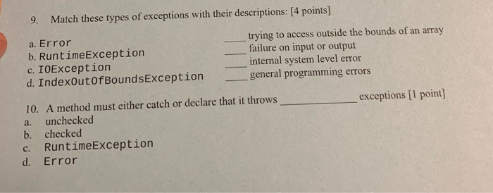 Solved 9. Match these types of exceptions with their | Chegg.com
