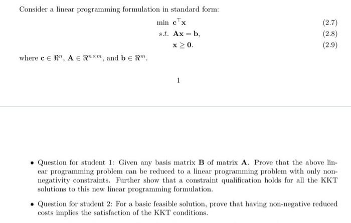 Consider a linear programming formulation in standard | Chegg.com