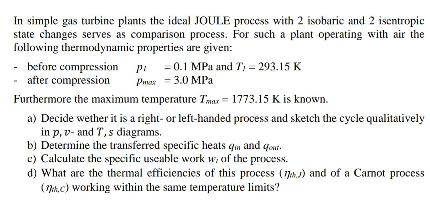 Solved In simple gas turbine plants the ideal JOULE process | Chegg.com