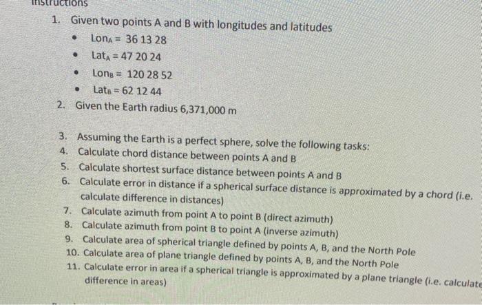 Solved 1. Given two points A and B with longitudes and | Chegg.com