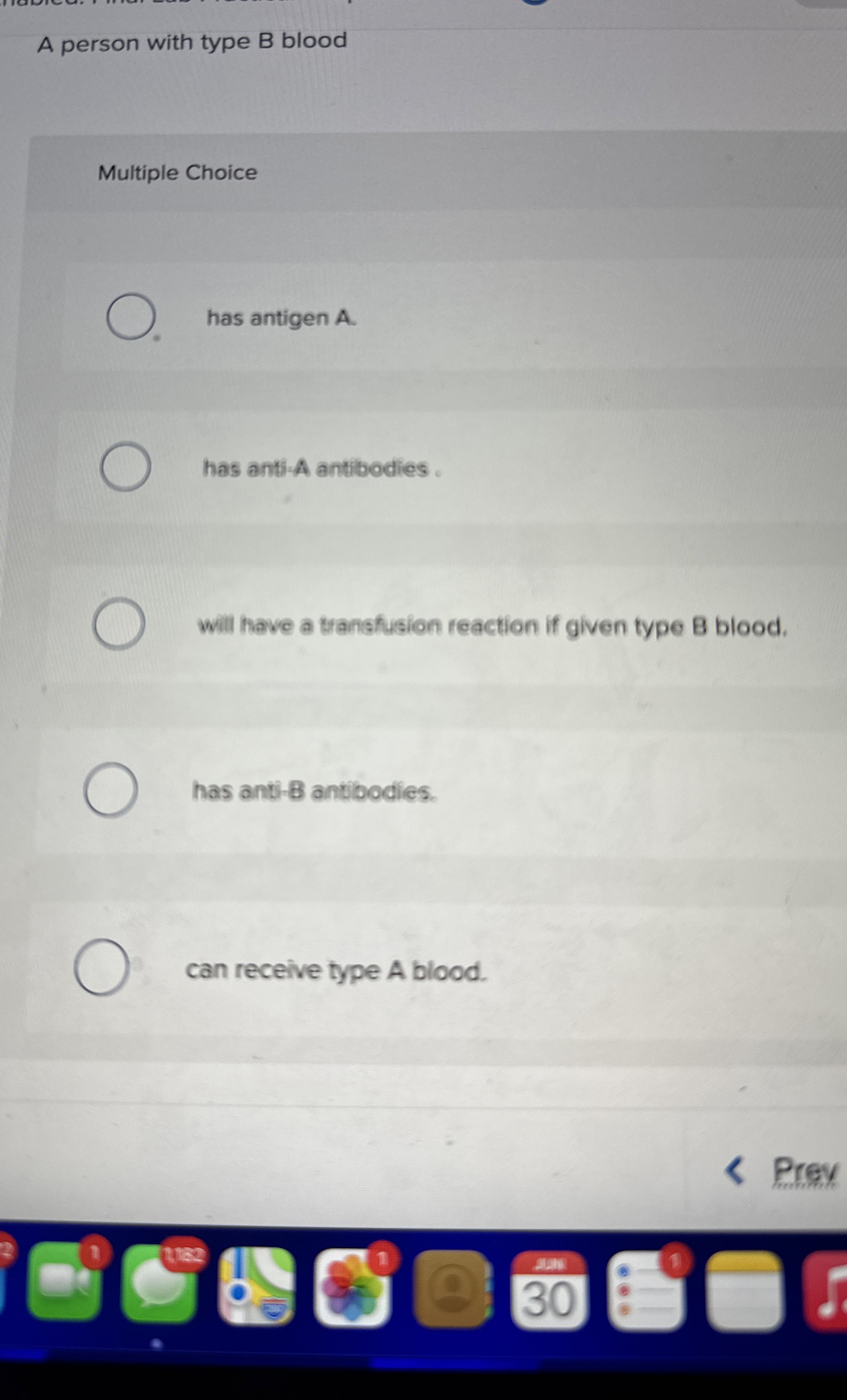 Solved A person with type B ﻿bloodMultiple Choicehas antigen | Chegg.com