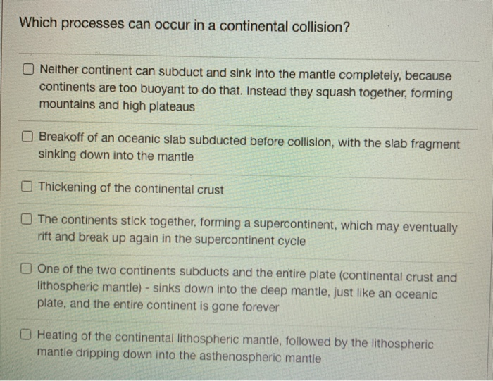 Solved Which processes can occur in a continental collision? | Chegg.com